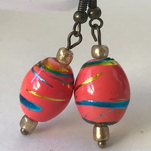 Peach Murano Glass Bead Earrings Hand Painted Gold